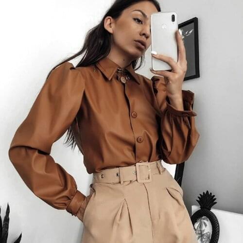 Brown Vintage Faux PU Leather Y2k Jacket Fashion Women NiceSpring Harajuku Long Puff Sleeve Coat Turn-Down Collar Button Outwear