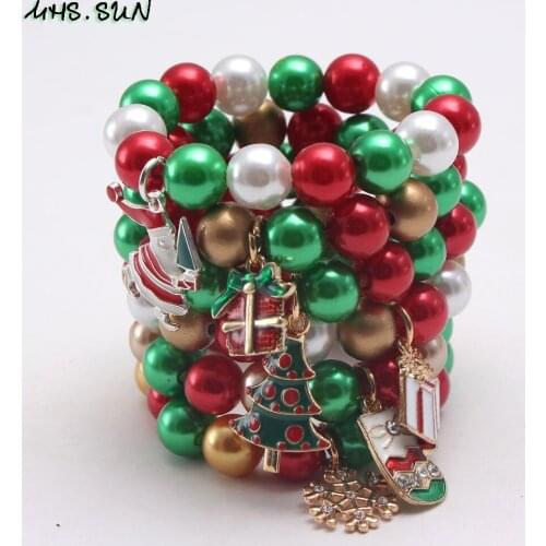 MHS.SUN 1pc cute kids baby beads bracelet jewelry elastic bangles christmas tree/snowflake charm bracelets for infant girls gift