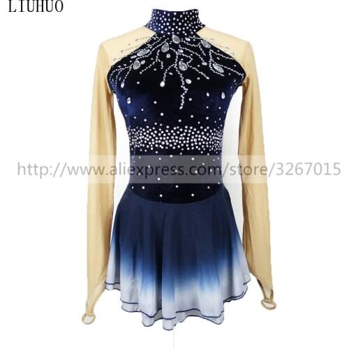 Figure Skating Dress Womens Girls' Ice Skating Dress Stand collar long sleeve Dark blue Sparkling rhinestones performance skirt