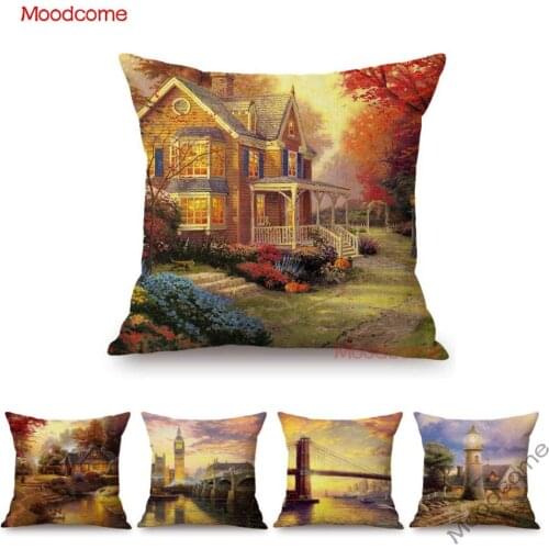 Thomas Moran Style Dreamlike Countryside Scene Oil Painting Cozy Cottage Flowers Home Art Pillow Case Linen Sofa Cushion Cover