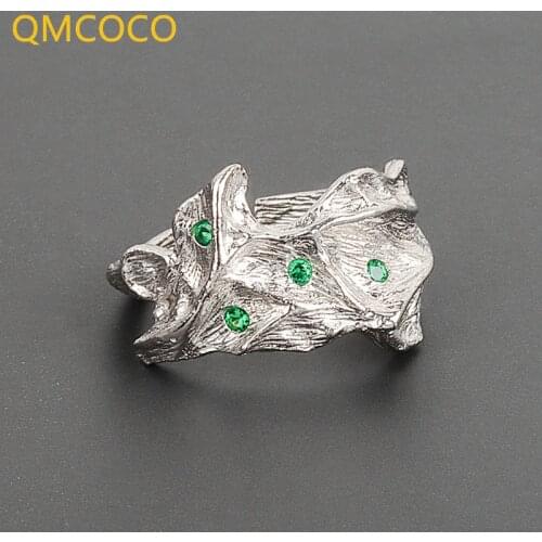 QMCOCO 925 Silver Green Zircon Textured fold irregular surface Retro Ring Opening Ring Fashion Fine Jewelry