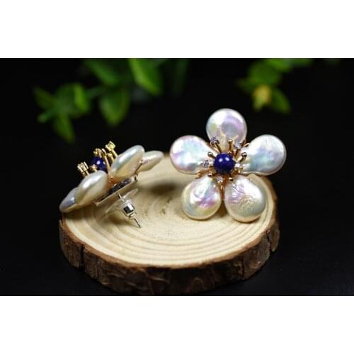 New 925 silver earrings, natural freshwater pearls, simple lapis lazuli handmade earrings