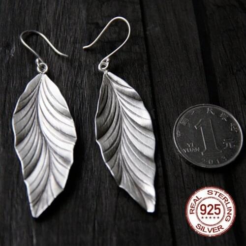 Handmade S925 Sterling Silver Earring Dangle Long Leaf Pure Silver Earrings Elegant Statement Retro Thai Silver Earrings Jewelry