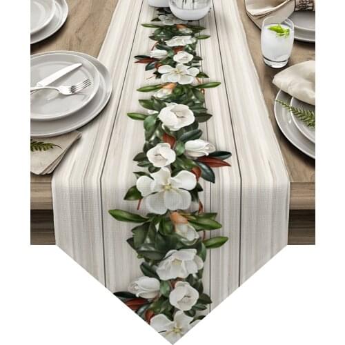 Wood Grain Magnolia Plant Flowers Table Runners for Wedding Party Decoration Coffee Table Decor Modern Table Runner