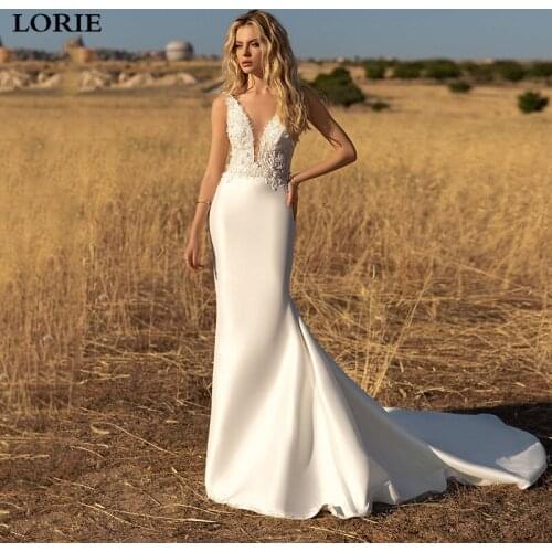 LORIE Ivory Mermaid Wedding Dress Spaghetti Strps Vestidos de novia 2021 Lace V Neck Neck Bridal Gown Backless Wedding Gowns