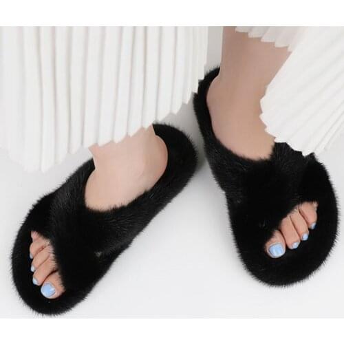 100% Mink Fur Slippers Fluffy Slippers For Women Warm And Soft Fur Slippers To Put On Cross Tie Flat Heel Slippers
