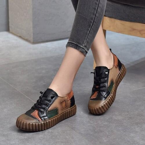 Retro Color Matching Genuine Leather Womens Shoes Handmade Shoes 2021 Spring New Soft Sole Single Shoes Flat Casual Shoes