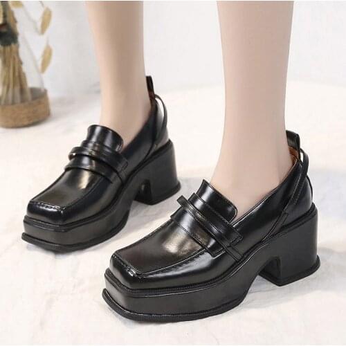 Square toe british style platform shoes women retro big toe all-match loafers platform high heel small leather shoes jk Uniform