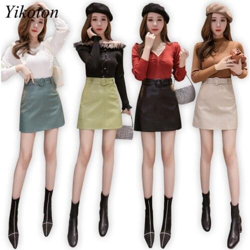 Women Mini Skirts Autumn Winter New Korean Fashion Bag Hip PU Leather Skirt Female High Waist Sashes Wild Short Skirt Shorts