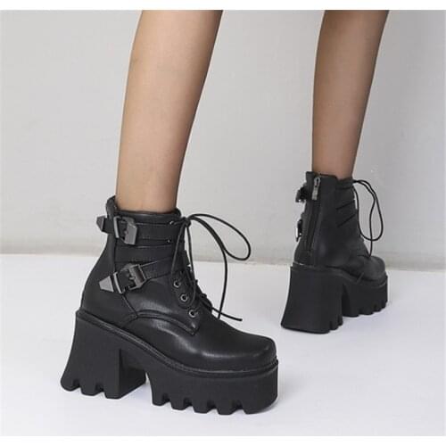 PXELENA Street Buckle Thick Sole Platform Combat Ankle Boots for Women Chunky Block High Heels Motorcycle Biker Shoes Size 35-43