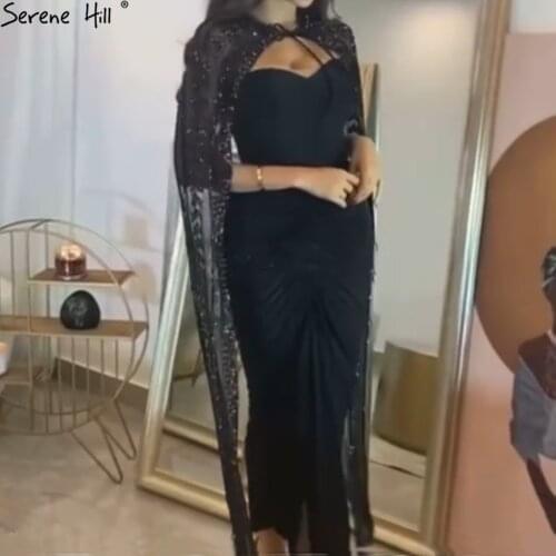 Serene Hill Arabia Black Cape Sleeves Evening Dresses Gowns 2021 Beaded Ankle-Length For Women Party LA71246