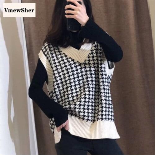 VmewSher Black Houndstooth Plaid Sweater Vest Women Fashion Knitted Pullovers Loose Vintage Female Waistcoat Chic Sweater Tops