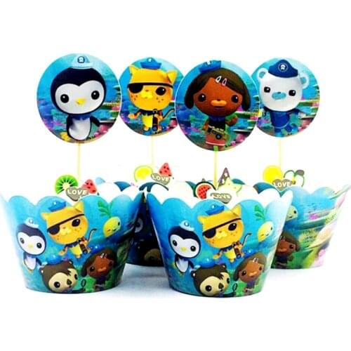 12PCS/lot Octonauts Theme Happy Birthday Wrappers Decoration Cupcake Toppers Cake Girls Favors Baby Shower Party Supplies