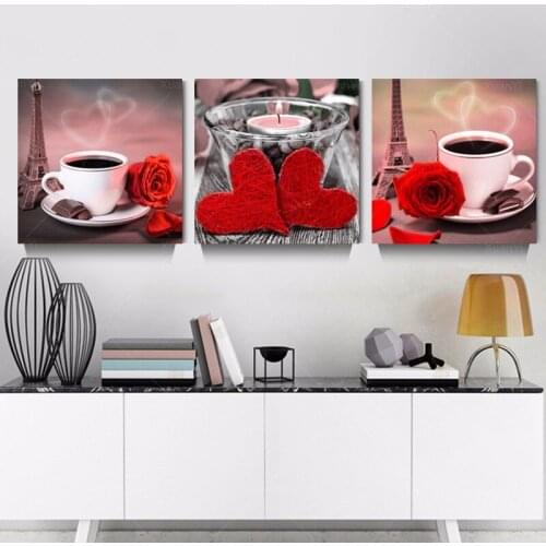 3 Panel Coffee Rose Kitchen Canvas Painting Wall Art Pictures for Living Room Unframed Posters and Prints Decoration