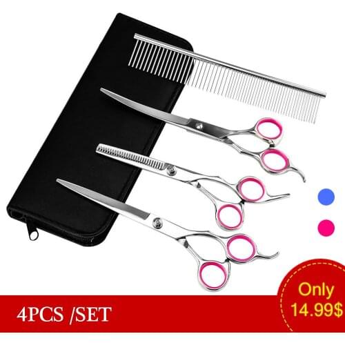 4PCS/SET Pet Grooming Scissors Set Professional Dog Shears Hair Cutting Thinning Curved Scissors With Comb Bag Dropshipping