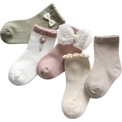 5Pairs/Pack Kids Girls Socks Bow Lace Childrens Socks Casual Cotton Baby Boy Girls Socks Autumn Winter Age for 0-8Years old