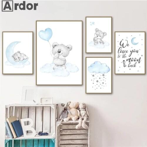 Abstract Bear Wall Art Poster Blue Moon Star Cloud Art Print Heart Balloon Canvas Painting Baby Nursery Pictures Kids Room Decor