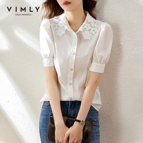 VIMLY Summer Women Blouse Elegant Lace Collar Button Vintage Blouses Office Lady White Shirts Blusas Woman Female Tops F7739