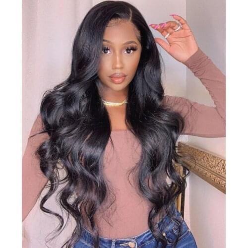 Side Part Jet Black Body Wave Synthetic Lace Front Hair Wigs for Black Women 180Density Natural Color 26Inches Long Daily Wigs