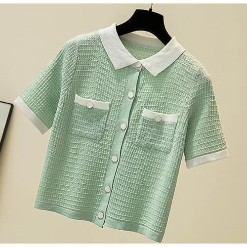 Thin Knitted T Shirt Women Hollow Out Clothes 2021 Summer Woman Short Sleeve Tops Button T-Shirt Female Turn-Down Collar Tshirts