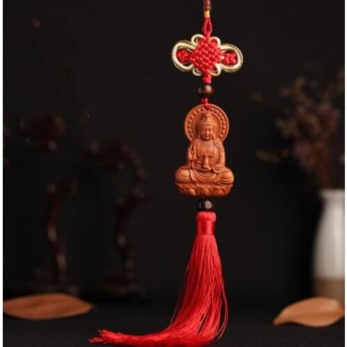 Chinese Peach Wood Carved Lotus Guan Yin Kwan-yin Bodhisattva Safe And Good Luck Card Exquisite Car Interior Trim Pendant