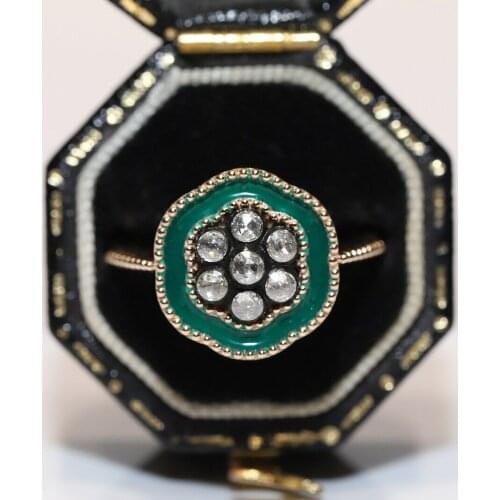 ANTIQUE STYLE NEW MADE 8K GOLD NATURAL ROSE CUT DIAMOND DECORATED ENAMEL RING