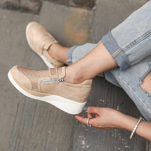 Plus Size Shoes Women Spring Crystal Sneakers Womens Wedge Platform Hook Loop Ladies Zip Casual Women Vulcanized Female Fashion