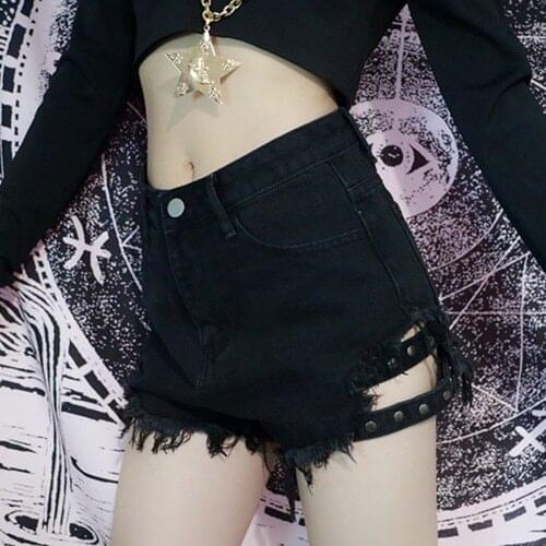 Summer Punk Rock WomenS Shorts Sexy Hanging Fashion Black Shorts Denim Shorts Hollow Out Bandage High Waist Shorts