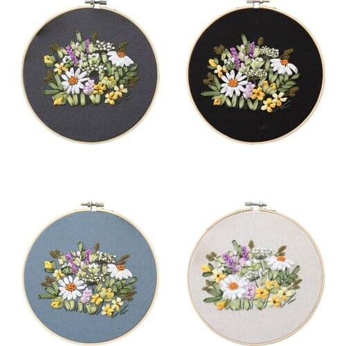 3D Ribbon Floral Beginner Handwork Embroidery Kit Printed Needlework Cross Stitch Set DIY Crafts Thread Tools Material Package