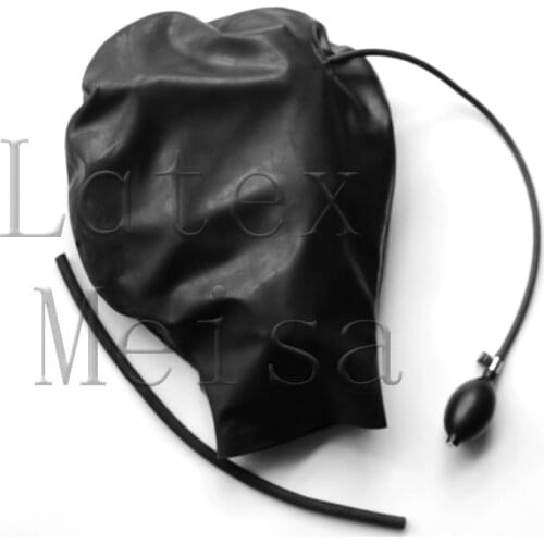 Inflatable plug design erotic adults' black gap latex hood bdsm tube with back zip and made of 0.4mm thickness natural latex