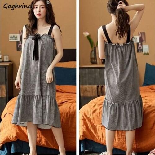 Nightgowns Women Summer Bow Sweet Large Size S-3XL Spaghetti Straps Plaid Loose Soft Leisure Homewear College Style Simple Sleep