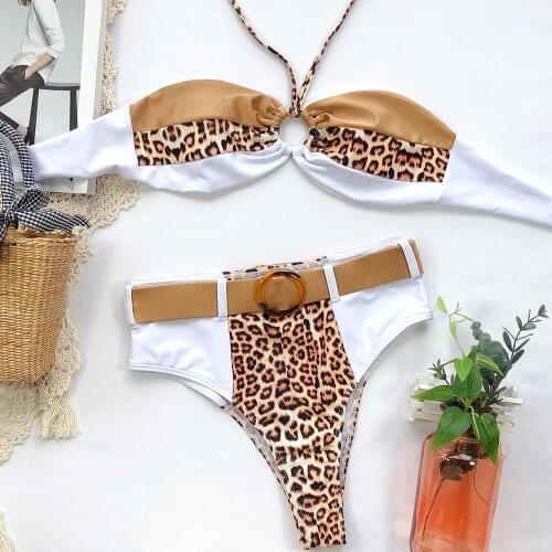 New Bikini European And American Fashion Sexy Bikini Swimsuit High Waist Halter Swimsuit Leopard Stitching Bikini Swimsuit