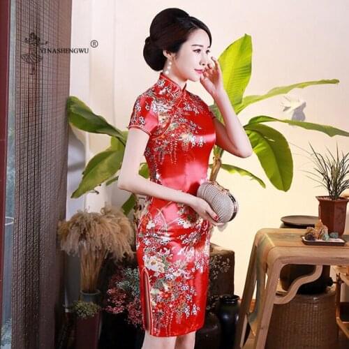 Cheongsam Print Flower New Style Womens Short Slim Cheongsam Sexy High Split Chinese Traditional Dress Oversize Fashion Qipao