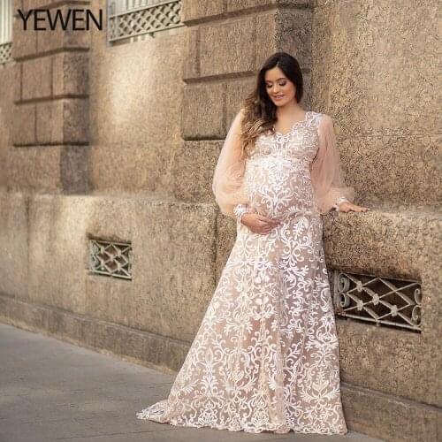 Puffy Long Sleeves Maternity Gown V Neck Maternity Dresses for Photo Shoot Photography Dress for Pregnant Woman YEWEN