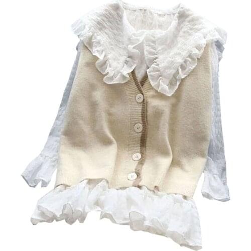 Long speaker sleeve shirt women knitted vest 2 two piece set 2021 spring autumn womens Shirts sets Sleeveless Sweater tops