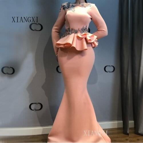 Blush Mermaid Evening Dresses Embroidery Flower Beaded Full Sleeves Long Evening Dress Vestidos de festa longo