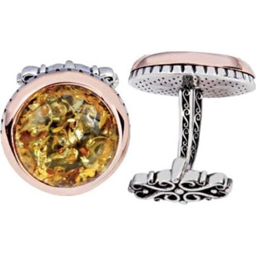 Silver Amber Gemstone Round Cufflinks