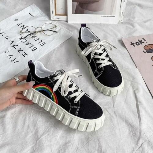 Rainbow Sweet Lolita Shoes Round Head Flat Strawberry Board Shoes Kawaii Girl Sneakers Kawaii Shoes Loli Cos Students Shoes