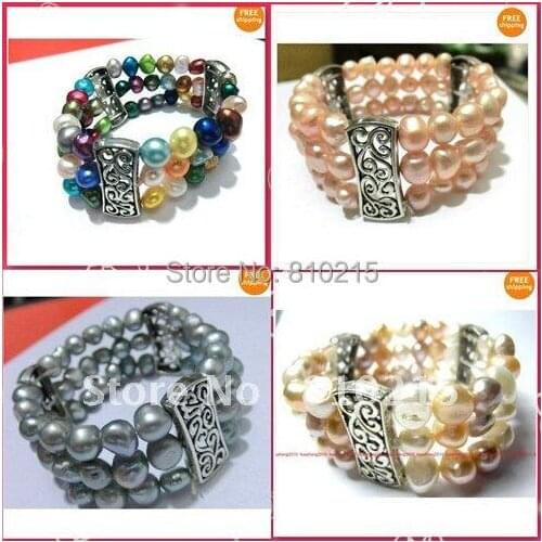 Extendible Stretch 3Row AA8-9MM Natural Baroque Freshwater Pearl Bracelet 7.5inch Fashion Jewelry Wholesale New Free Shipping