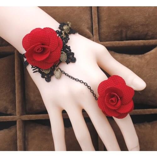 On Sale~Fashion Red Rose Decorated Bridal Gloves/One Piece Wedding Hand Ornament/Bride Bracelet 1175