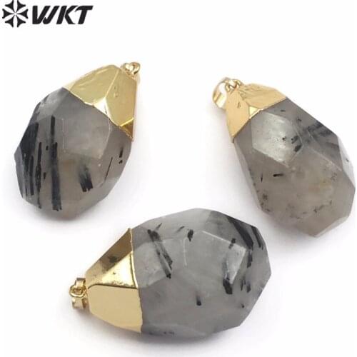 WT-P1439 New black rutilated quartz pendant with gold cap native crystal irregular shape for necklace earrings pendant jewelry