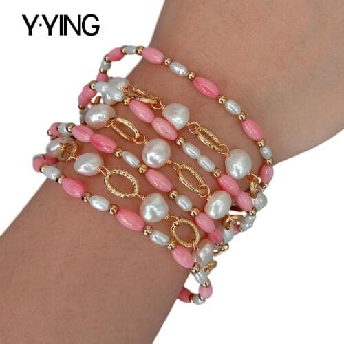 Y·YING 7 Strands Cultured White Baroque freshwater Pearl Pink rice Coral statement Bracelet 8" cute style for women