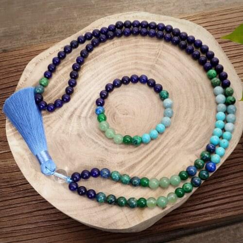 Natural Lapis Lazuli Stone Jewelry Sets Tigers Eye 108 Beads Necklace Phoenix Stone with Chalcedony Bracelet Women Men Handmade