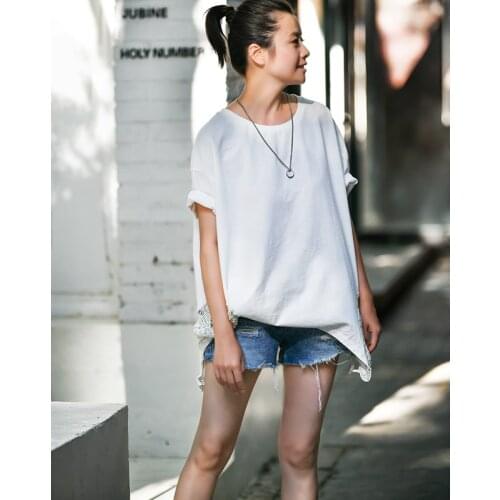 MICOCO T6683 Artistic large version round collar pure color short sleeve cotton patchwork lace dovetail T-shirt woman