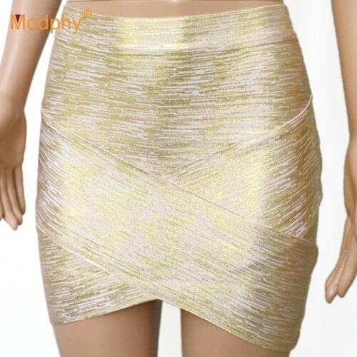 2019 Women Sexy Gold Silver Foil Celebrity Bandage Skirts Rayon Good Stretch Mini Slim Tight Pencil Club Party Drop Ship HL455