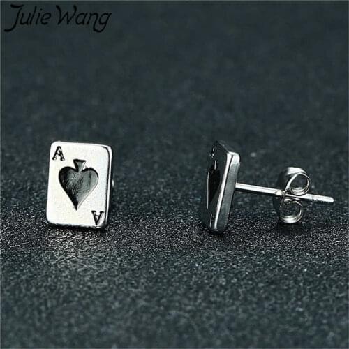 Julie Wang Spades A Stud Earrings Stainless Steel Poker Player Cards Earrings Women Wedding Earrings Fashion Punk Girl Jewelry