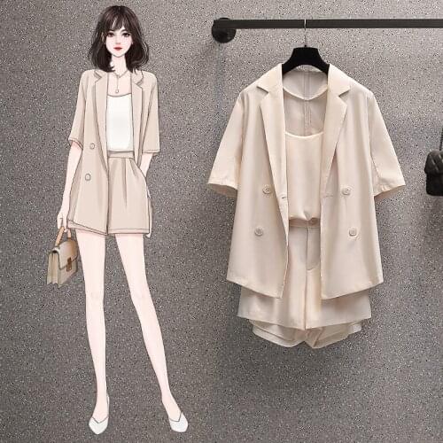 Plus Size Womens 2021 Summer New Style Cover Meat, Reduce Age Western Style Suit Jacket Thin Shorts Three-Piece Suit