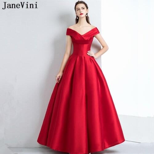 JaneVini Simple Red Satin Long Bridesmaid Dress for Wedding Party Off the Shoulder Sleeveless A Line Women Elegant Prom Dresses