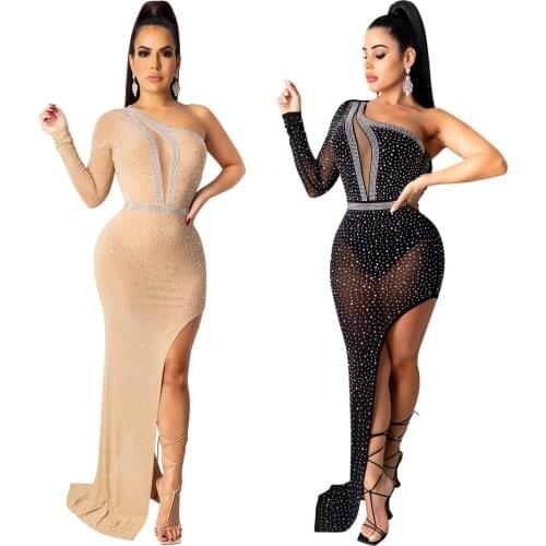 One Shoulder Mesh Rhinestones Long Party Dress Women Single Sleeveless Side High Split Party Dress Elegant Transparent Vestidos