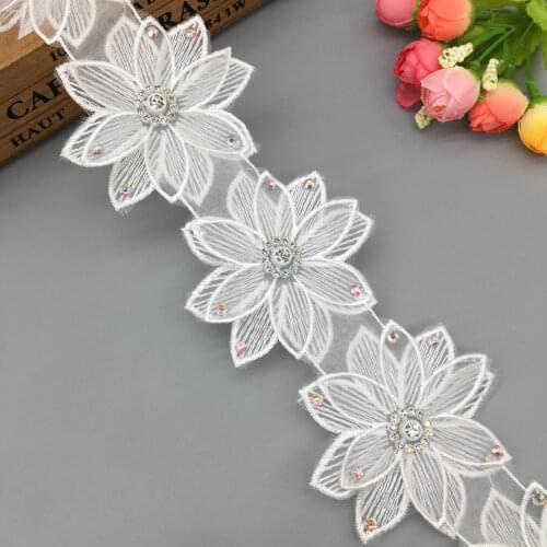 1 yard 3D White 7.5CM Pearl Rhinestones Flower Lace Trim Ribbon Fabric Applique Embroidery Handmade DIY Clothes Wedding Dress